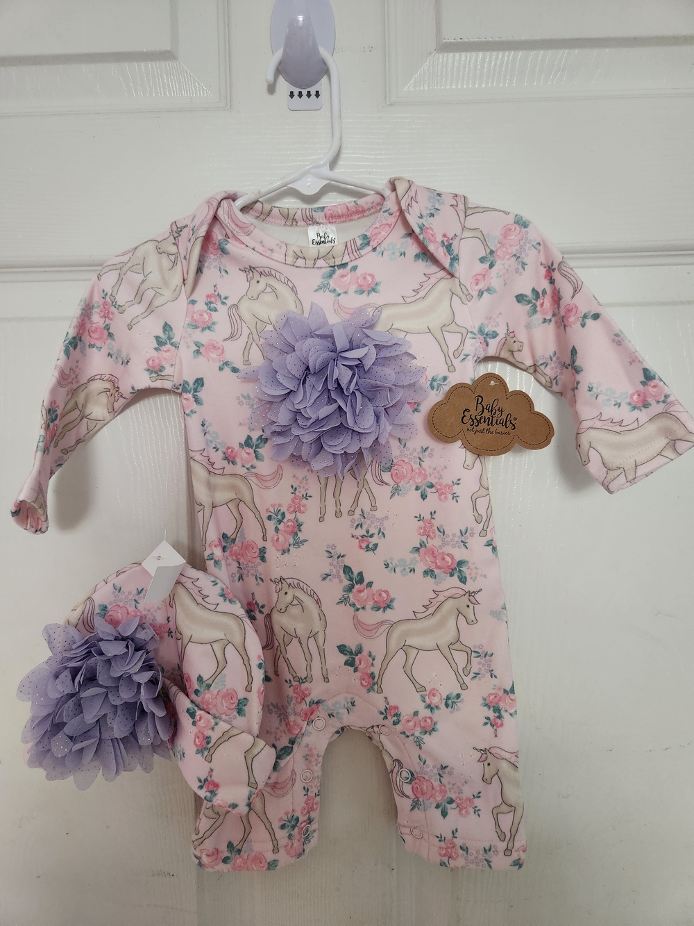 Baby Essentials Pink Unicorn Floral One-Piece with Lavender Flower 3m